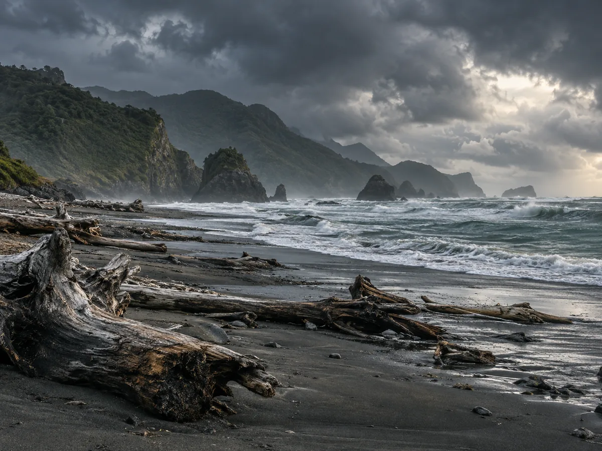Wild West Coast beach with driftwood and dramatic clouds