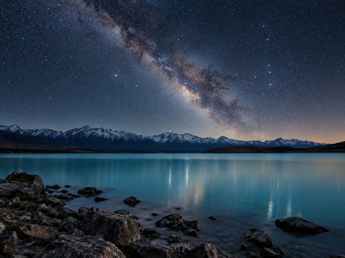 Lake Tekapo's turquoise water beneath a starry Mackenzie Basin sky
