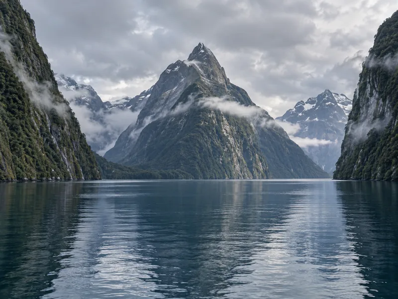 Fiordland's cliffs and waterfalls under a moody sky
