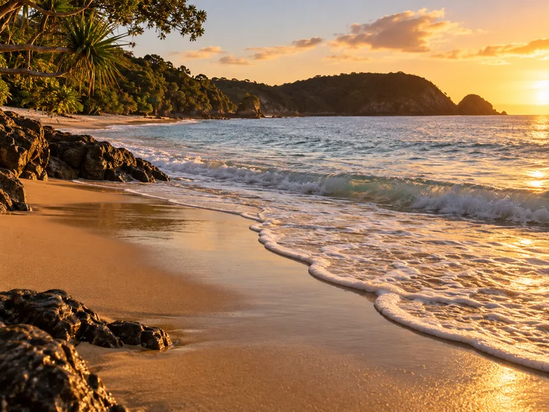 A remote sandy beach in Northland, New Zealand, at golden hour