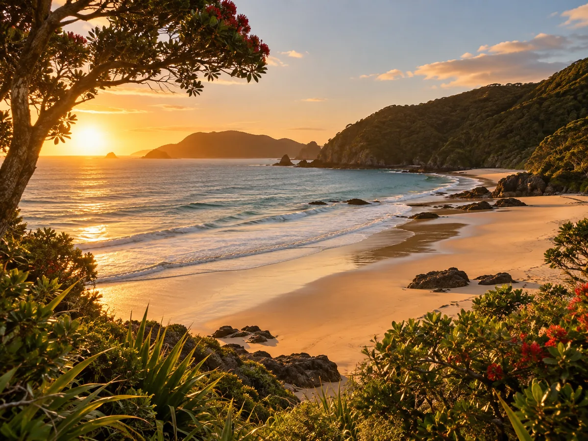A remote sandy beach in Northland, New Zealand, at golden hour