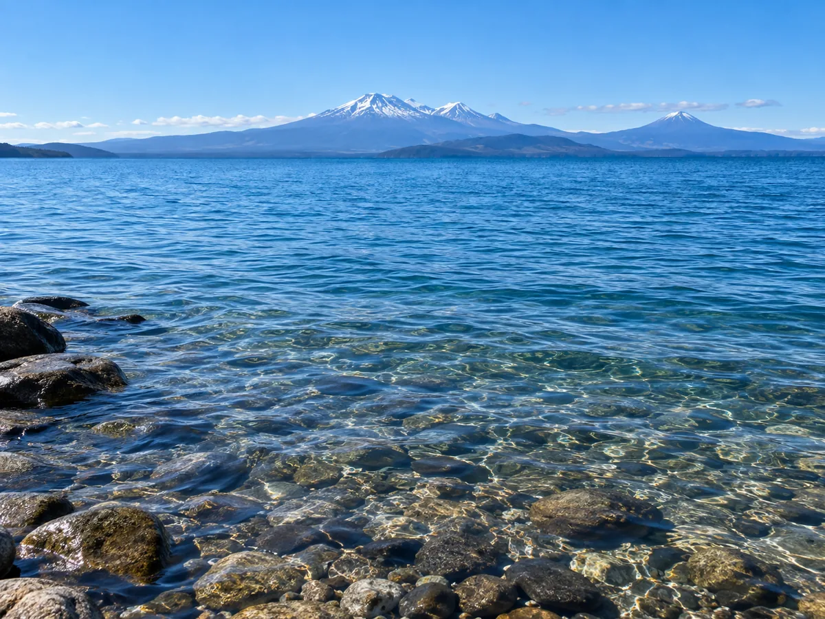 Lake Taupo with Tongariro's volcanic peaks in the distance