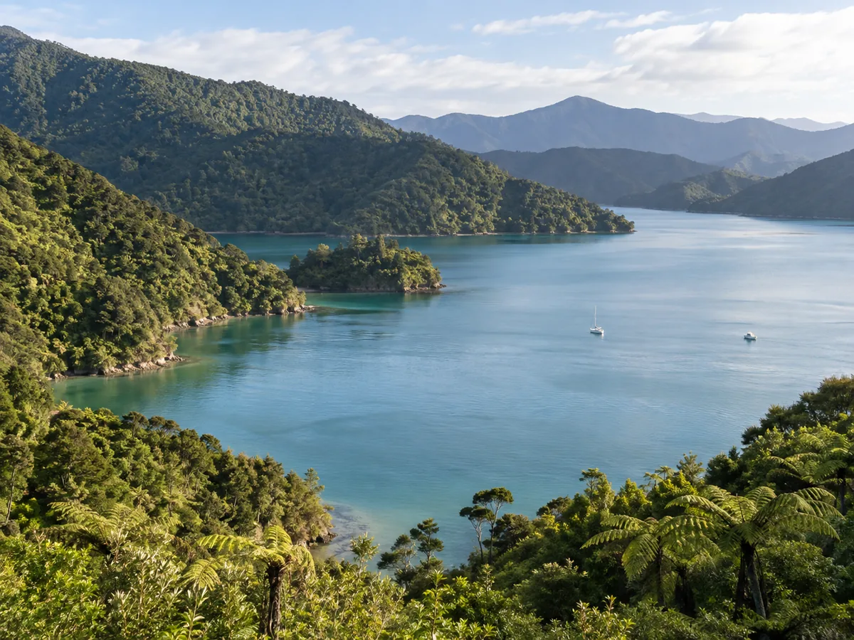 A quiet bay in the Marlborough Sounds with forested hills