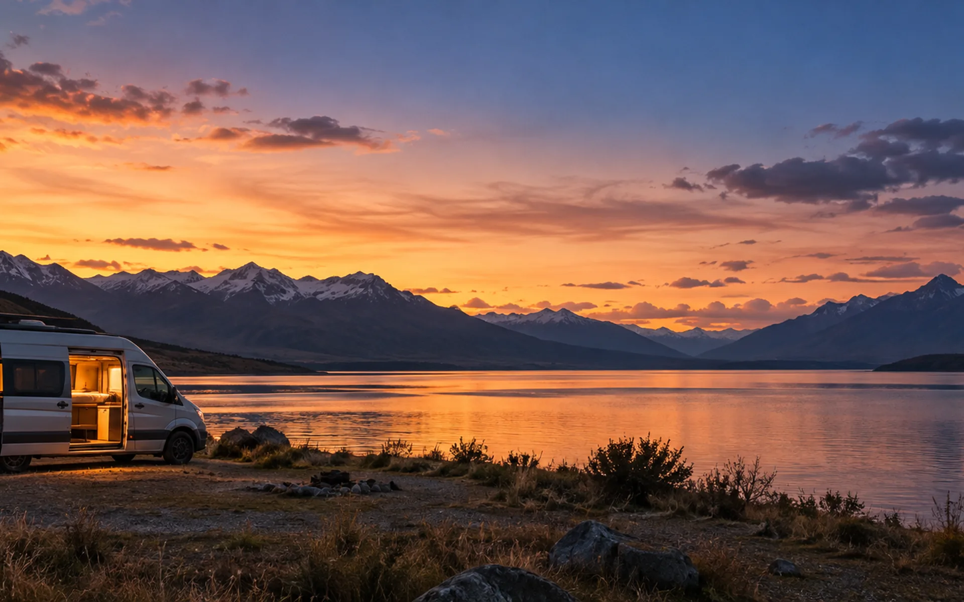 A self-contained campervan parked at a remote freedom-camping spot beside a South Island lake at dusk, mountains behind
