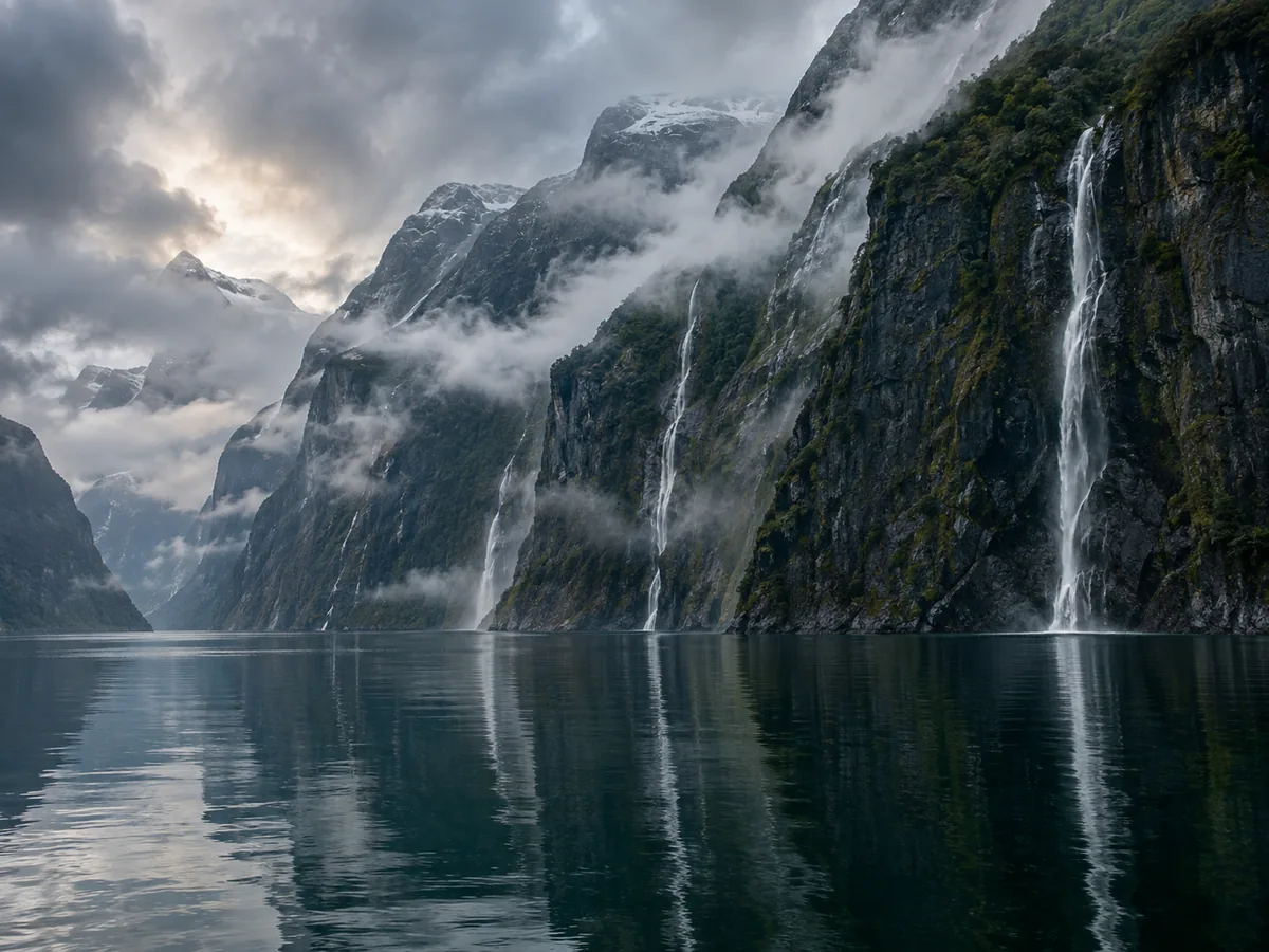 Fiordland's cliffs and waterfalls under a moody sky